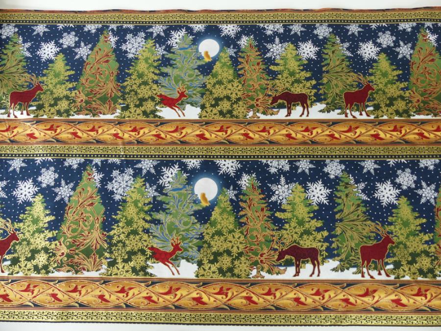 Patchworkstoff Bordüre Winterwald Hirsche blau mit gold Detailansícht